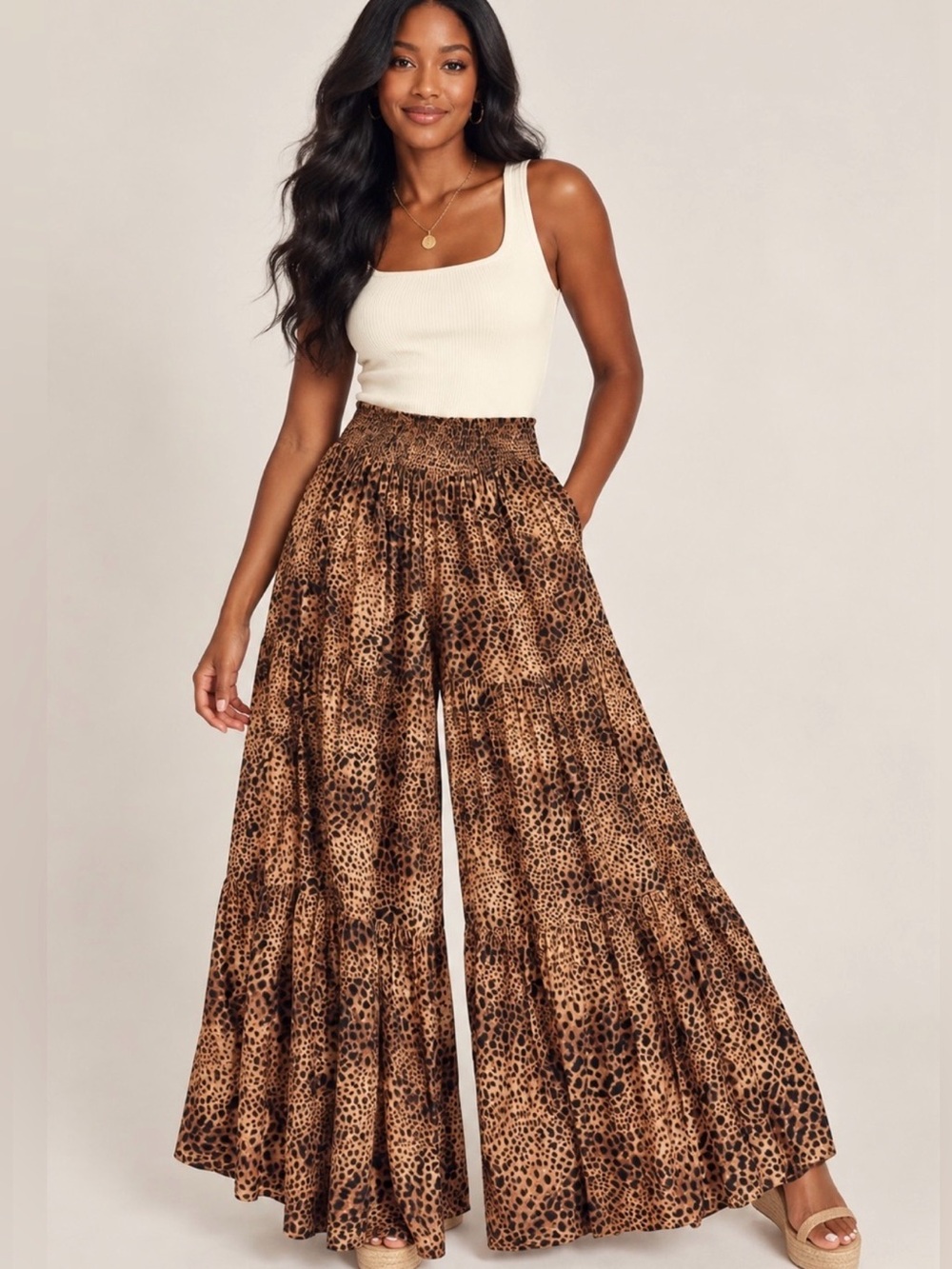 Aerie Leopard Print Palazzo Pants Wide Leg Tiered Smocked Waist Viscose